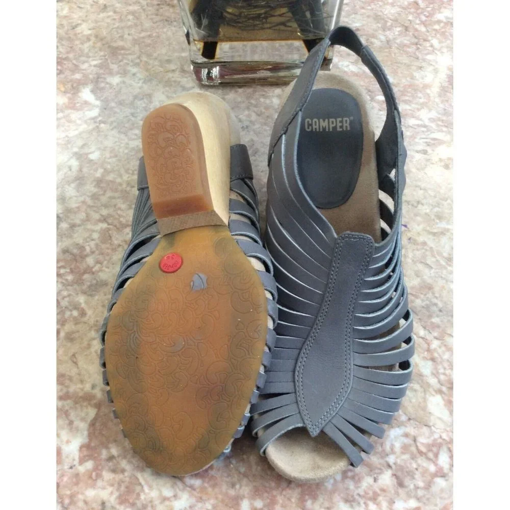 Camper Rachael Gray Strappy Leather Wooden Wedge Sandals Size 38/US 8 EUC! $195